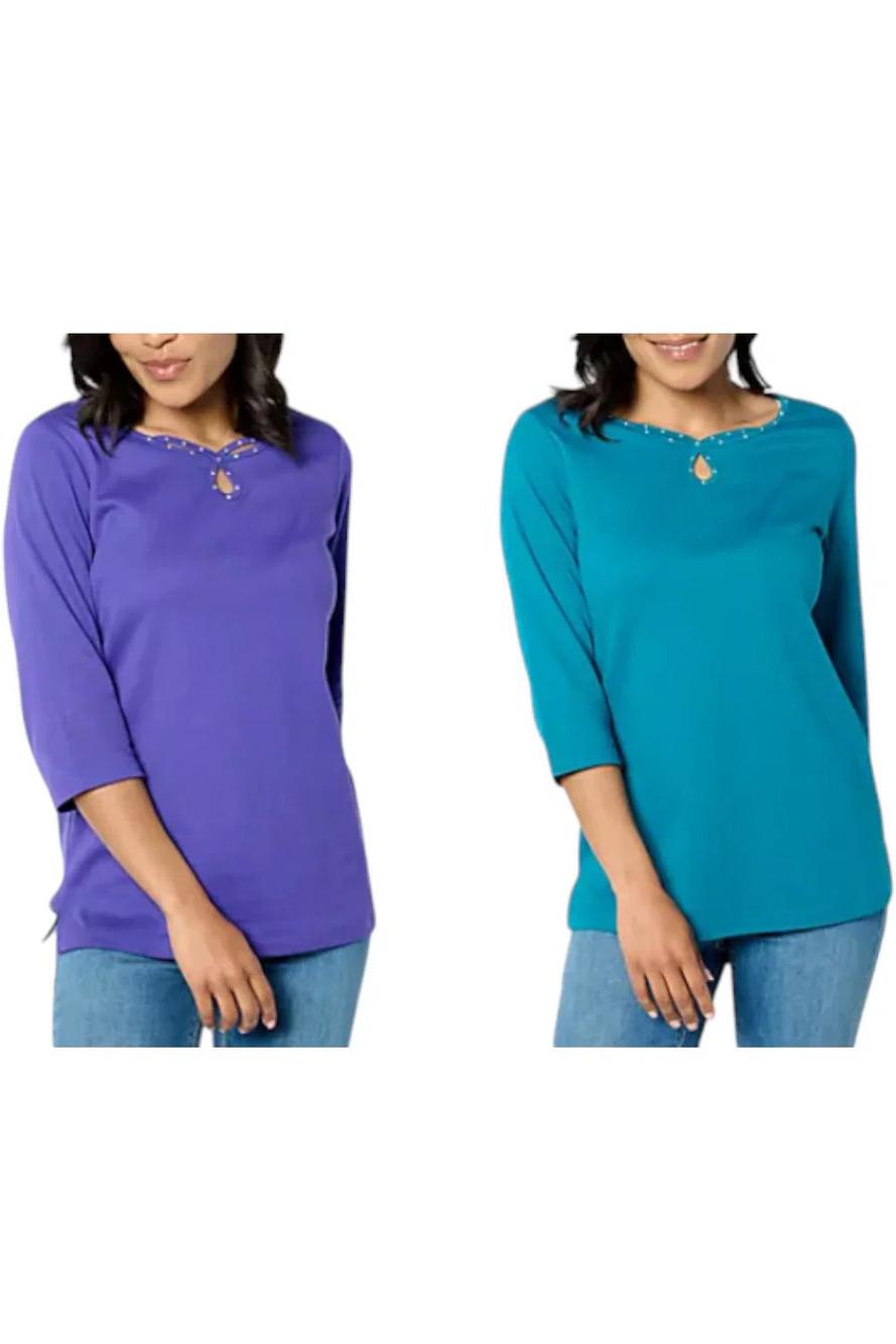 Quacker Factory Women's 2pk Sparkle Keyhole 3/4 Slv Tops Purple/Teal - Regular